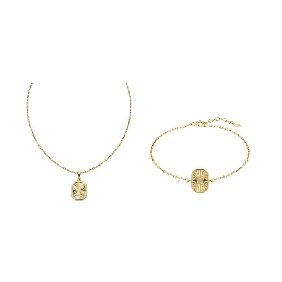 Crucelle Sun Plate Set aus 375 Gelbgold, filigraner Schmuck für Damen, eleganter zeitloser Klassiker.