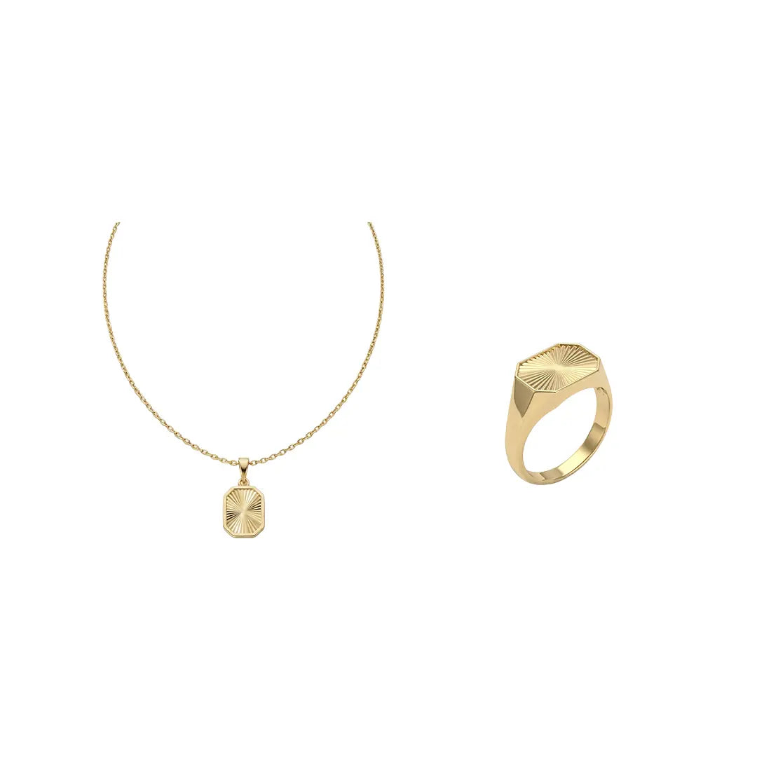 Crucelle Sun Signet Set aus 375 Gelbgold, filigraner Schmuck für Damen, eleganter zeitloser Klassiker.