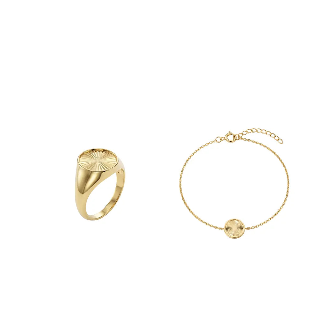 Crucelle Sun Signet Circle Set aus 375 Gelbgold, filigraner Schmuck für Damen, eleganter zeitloser Klassiker.