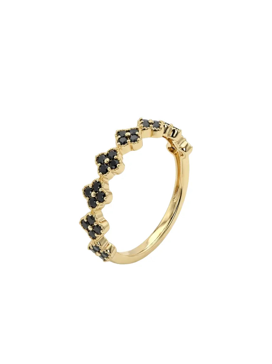 Noir Clover Ring aus 375 Gelbgold mit Zirkonia, filigraner Schmuck für Damen, eleganter zeitloser Klassiker.