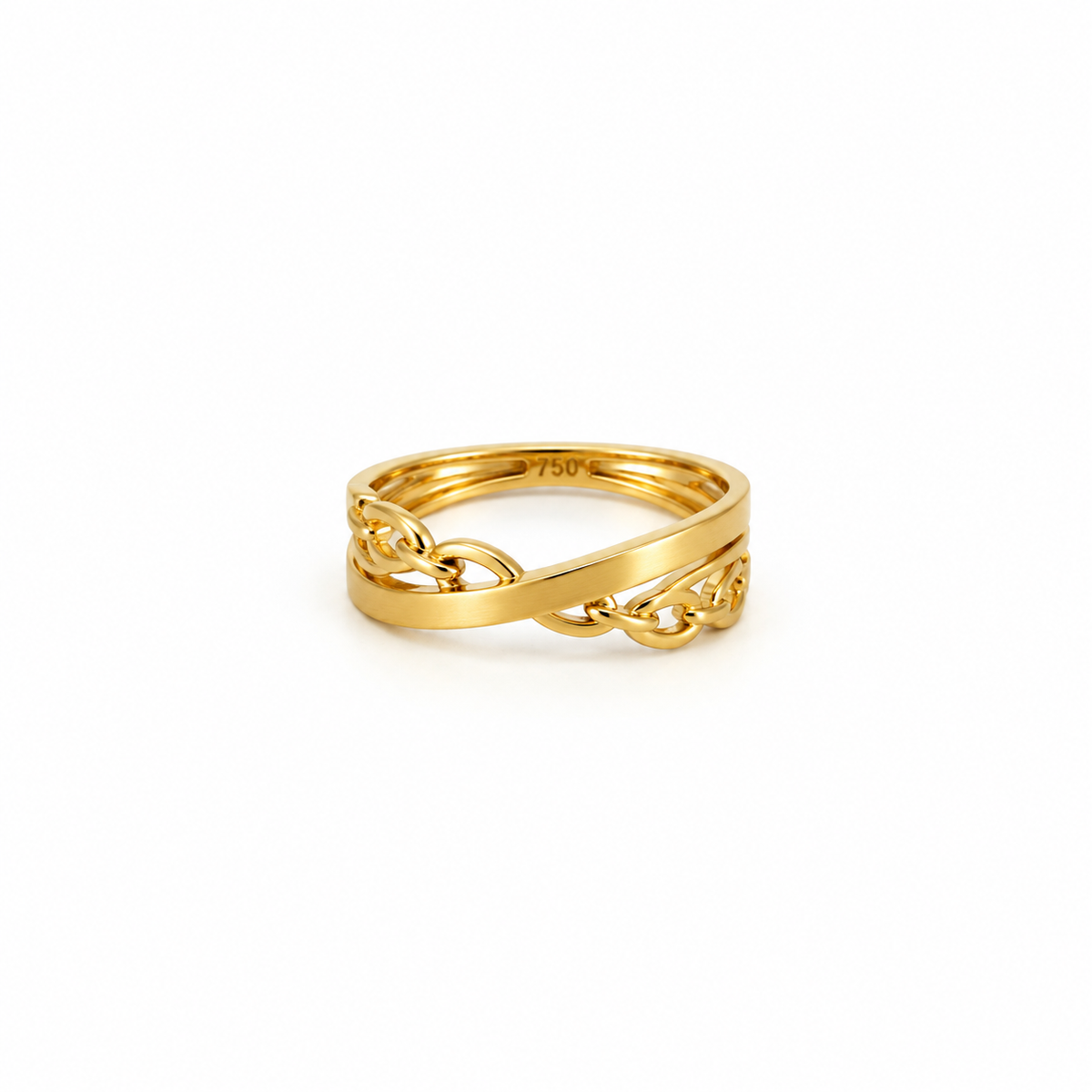 Crossover Link Ring aus 750 Gold mit glattem und geflochtenem Band