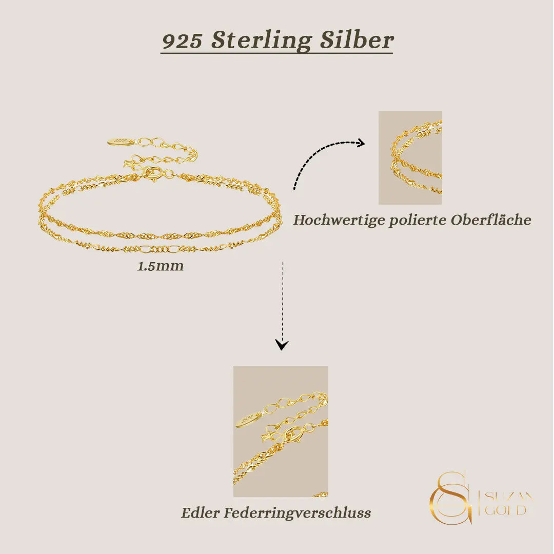 TwistGlow – Zweireihiges Armband aus 925 Silber, filigran & glänzend Suzan Gold