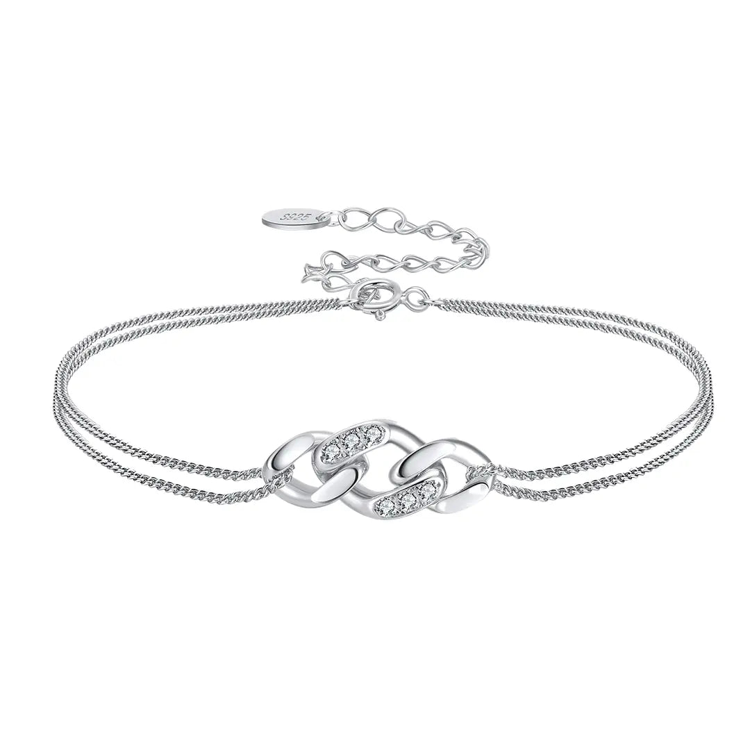 InfinityTwist Armband aus 925 Silber mit Zirkonia, zweireihiges Gliederarmband für Damen, moderner eleganter Schmuck.