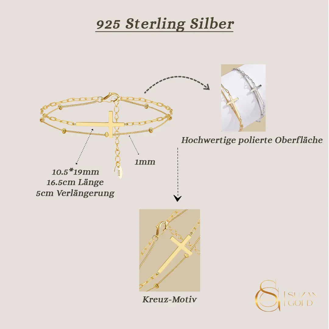 Solvira – 925 Silber Armband mit Kreuz & Doppelketten-Design Suzan Gold