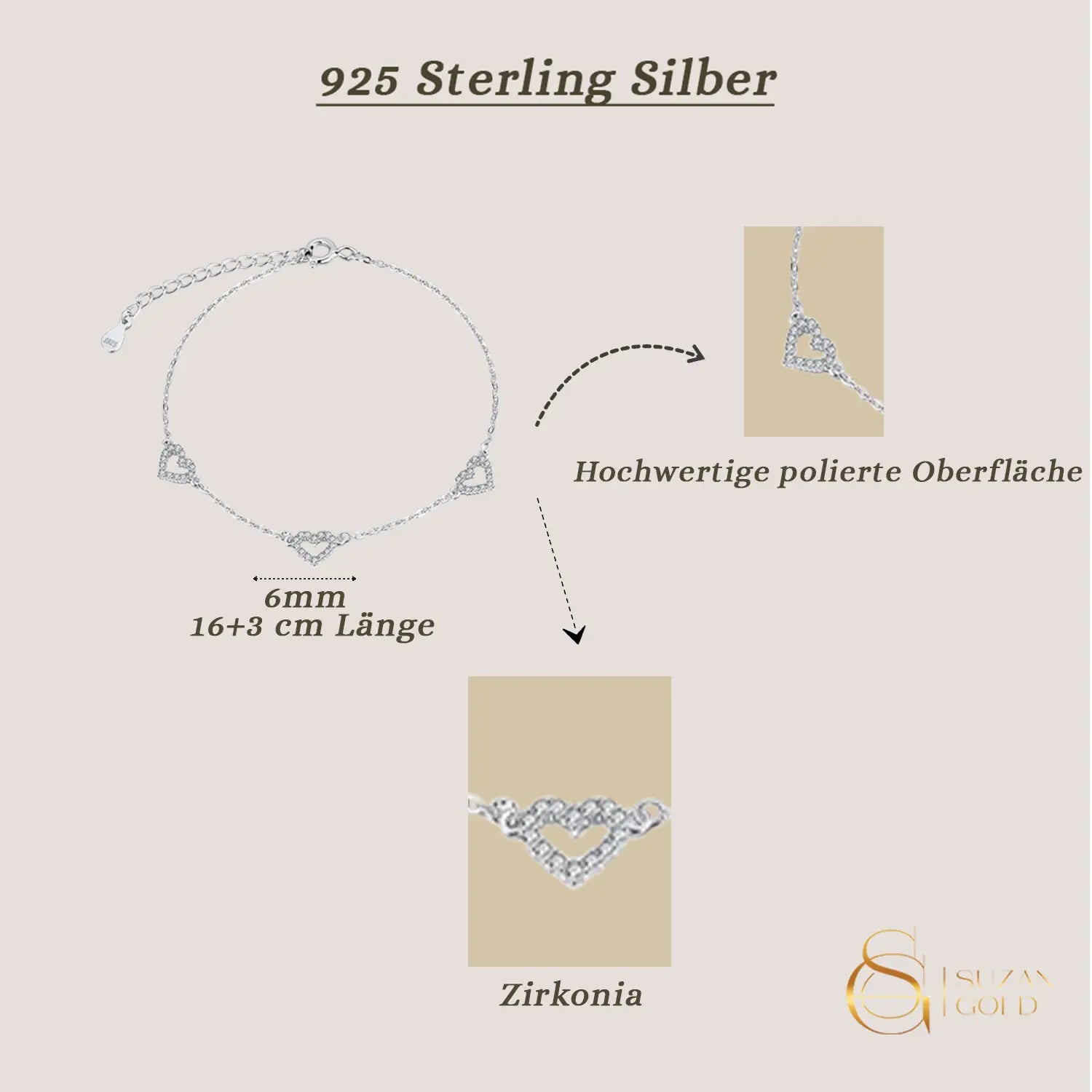 Heartlane – Zierliches 925 Silber Armband mit Herz-Zirkonia Suzan Gold