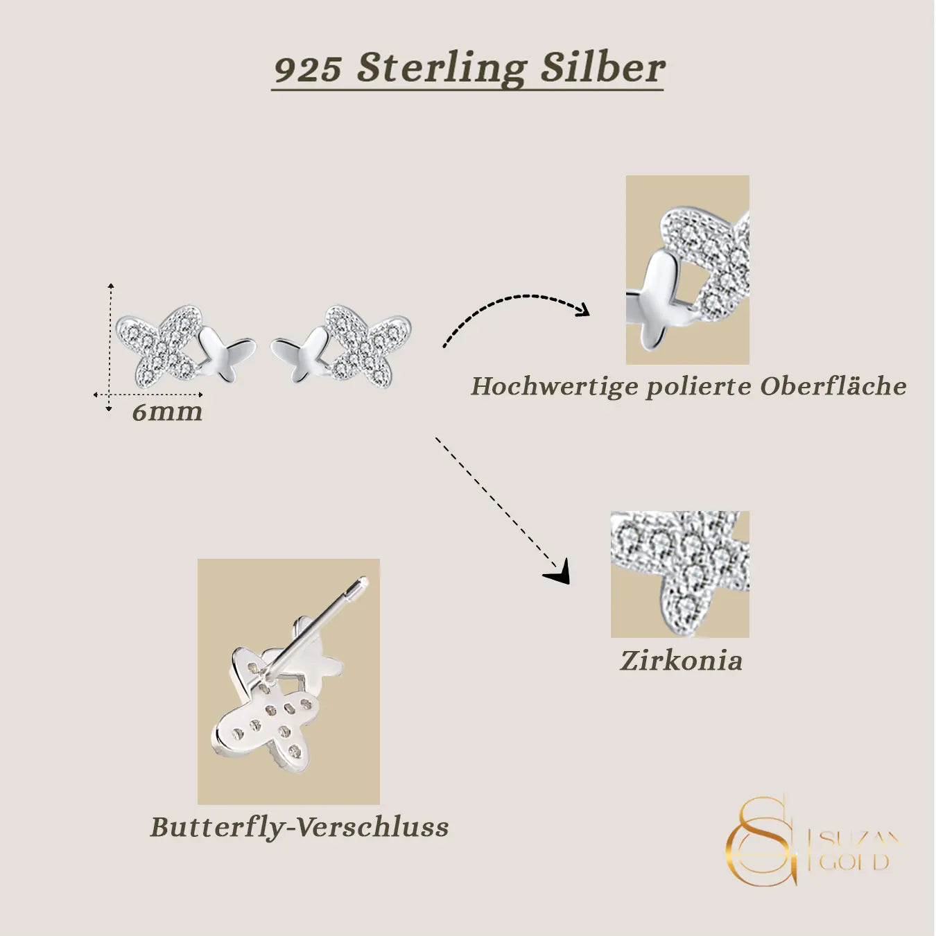 Lumiwings – Schmetterlings-Ohrstecker aus 925er Silber mit Zirkonia Suzan Gold