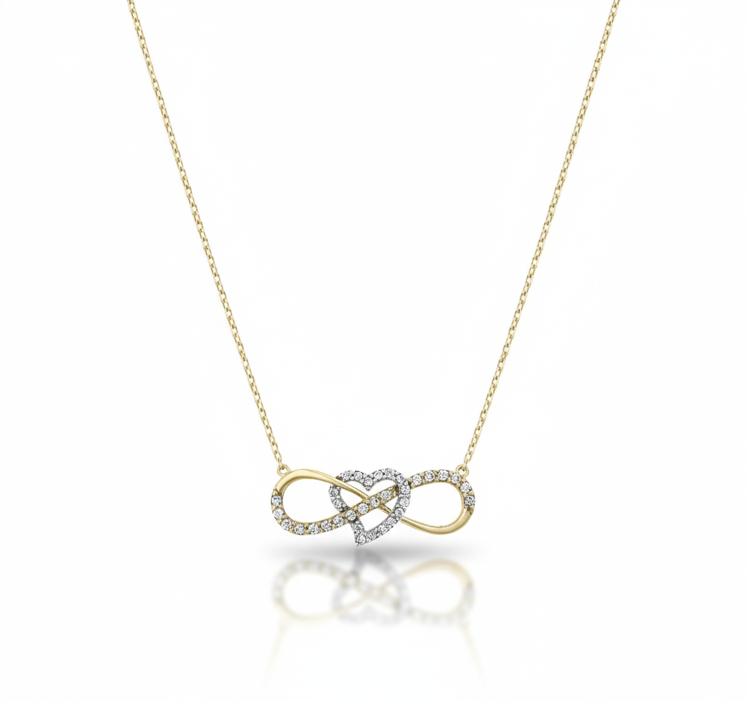 Amouria Loop – 375 Echtgold Halskette mit Herz-Unendlichkeitsanhänger und Zirkonia