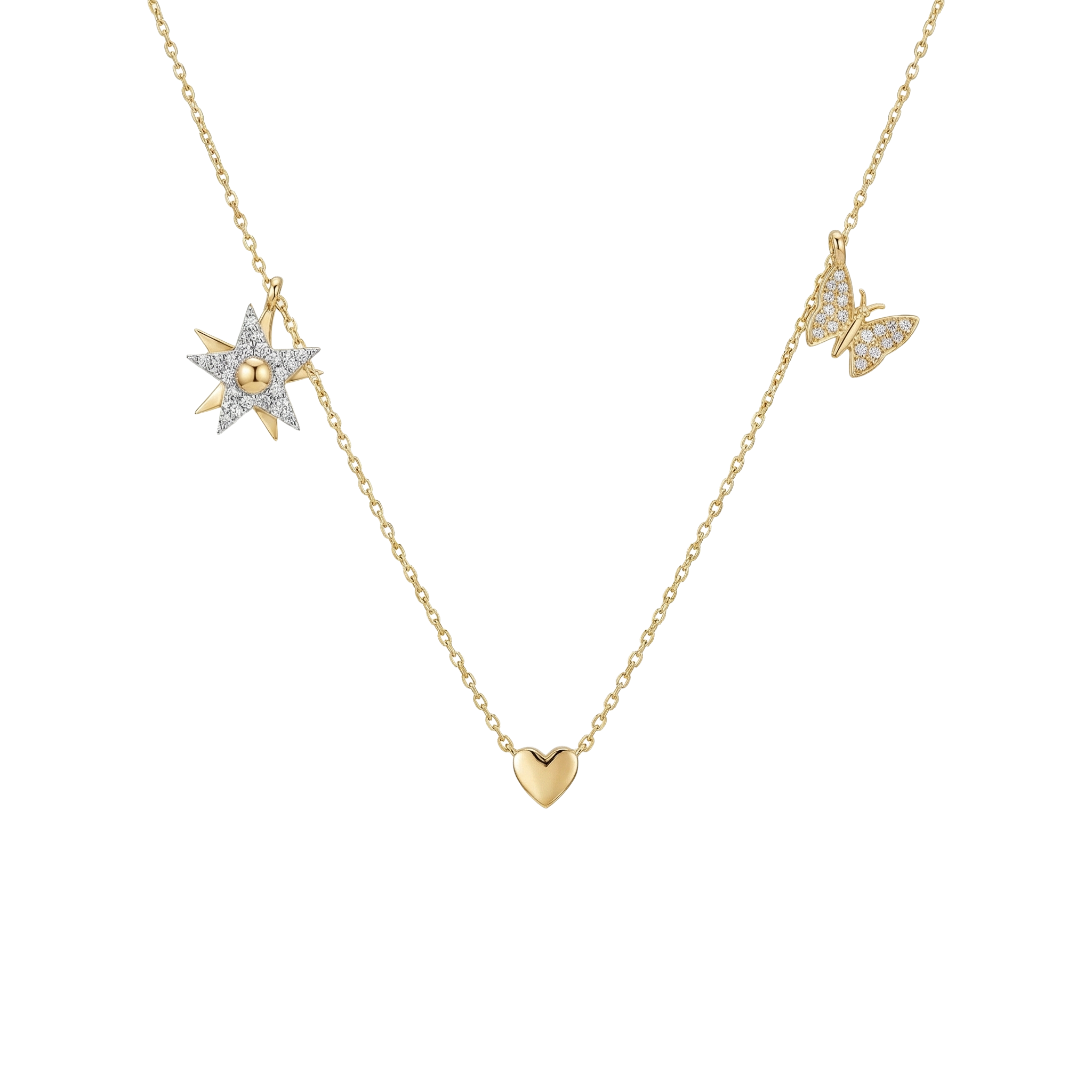Celestique Trio – 375 Echtgold Halskette mit Herz Stern und Schmetterling Anhängern