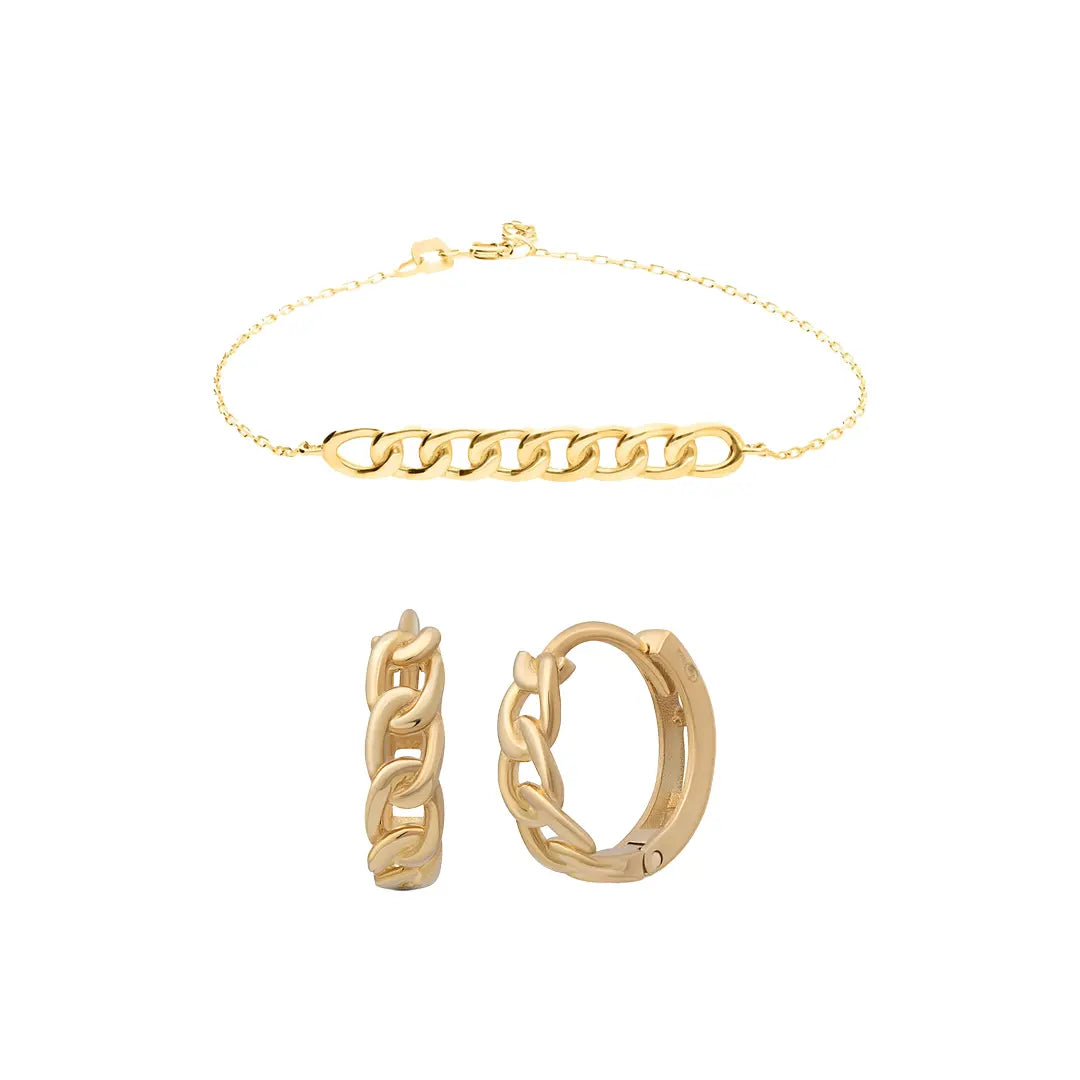 Curb Chain Armband & Creolen Schmuckset aus 375 Gelbgold, filigranes Armband mit passenden Creolen für Damen, eleganter zeitloser Schmuck.