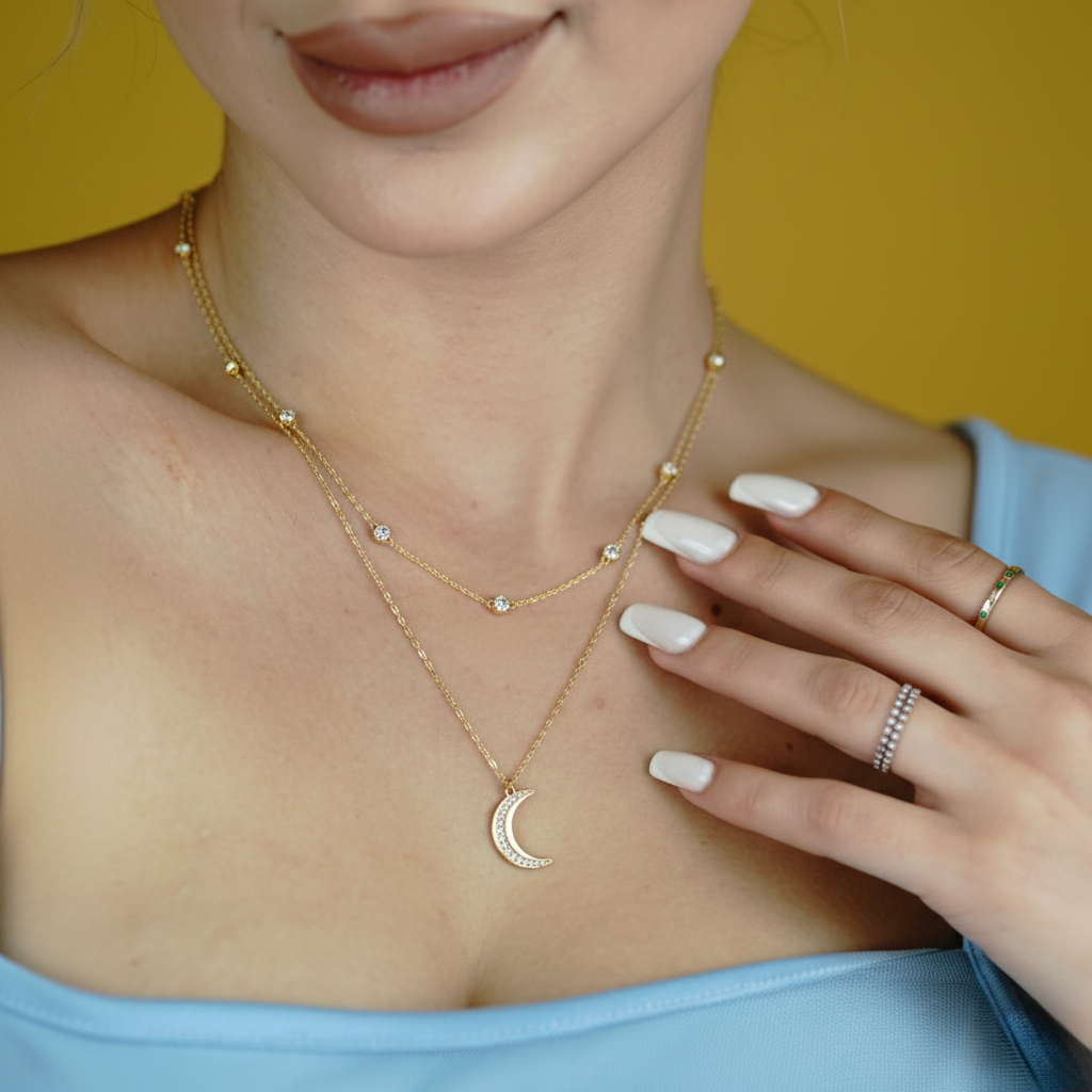 Lunavera – Zweireihige 925 Silberkette mit Zirkonia & Mondanhänger