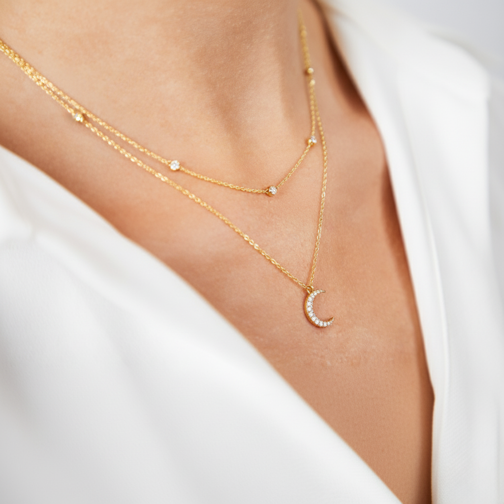 Lunavera – Zweireihige 925 Silberkette mit Zirkonia & Mondanhänger