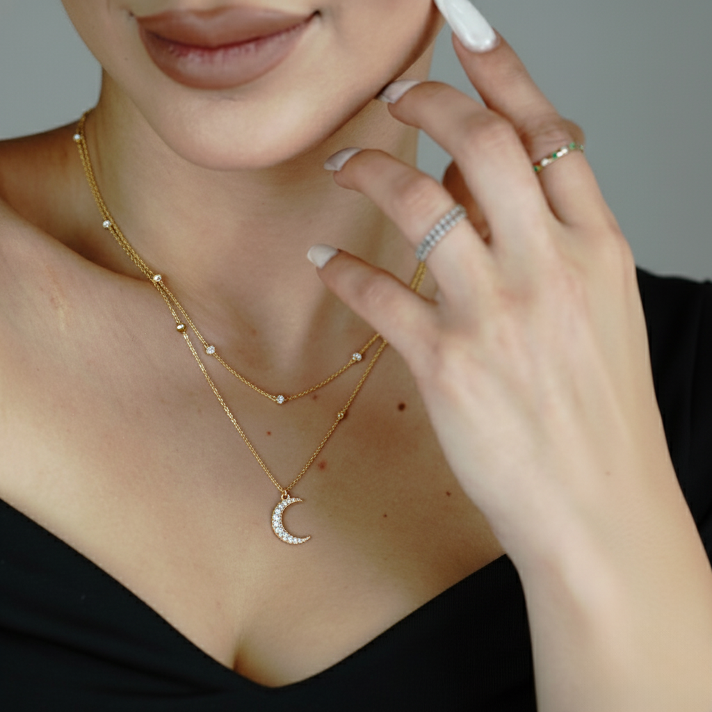 Lunavera – Zweireihige 925 Silberkette mit Zirkonia & Mondanhänger