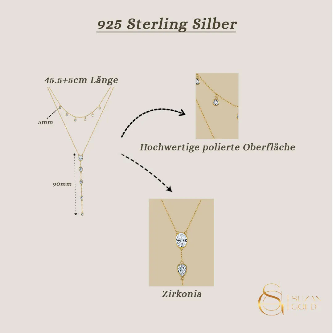 Tearielle – Y - Kette aus 925 Silber mit Tropfenanhänger & Zirkonia - Suzan Gold