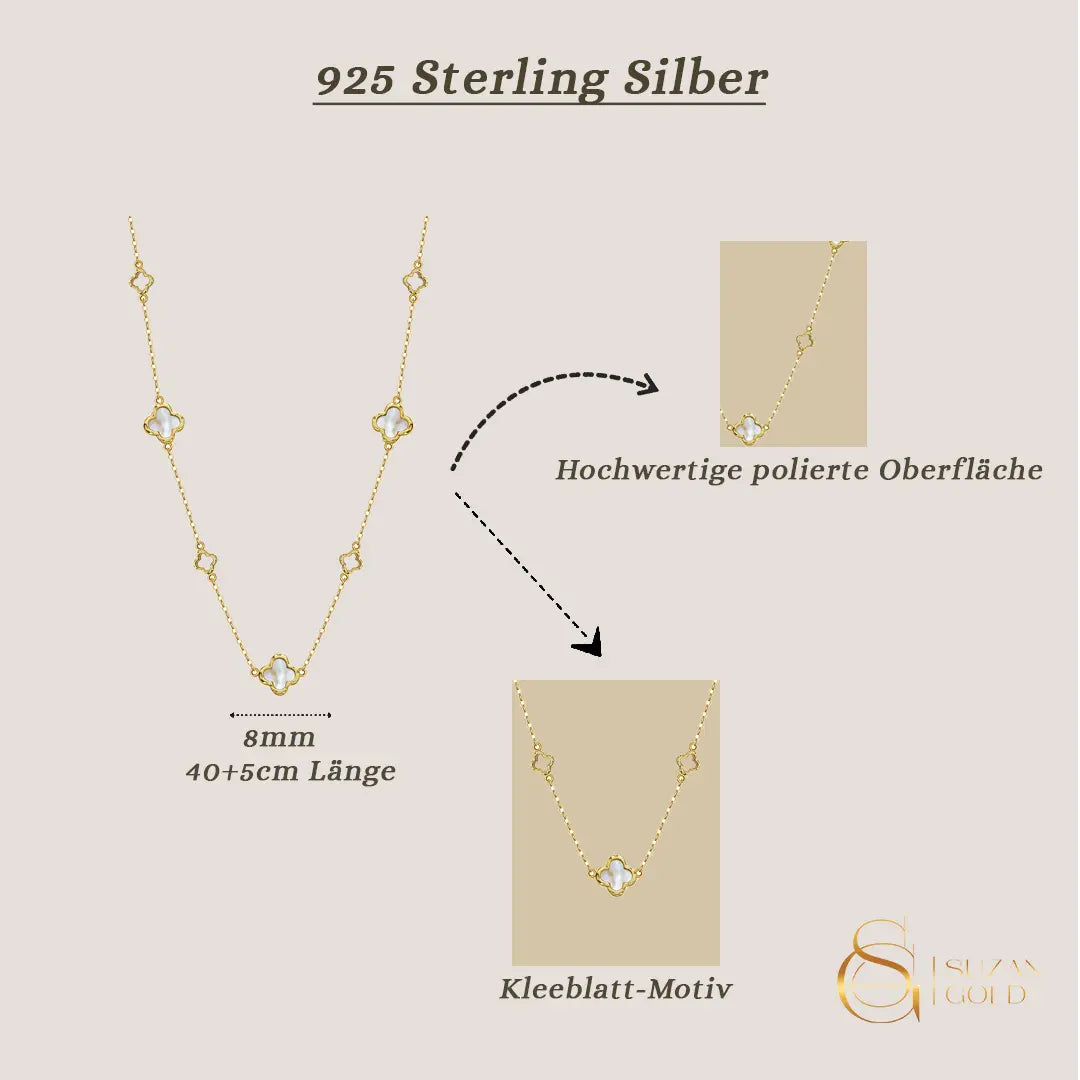 AuroraLuck – Vergoldete 925 Silberkette mit Perlmutt - Kleeblatt & Gliederelementen - Suzan GoldHalskette