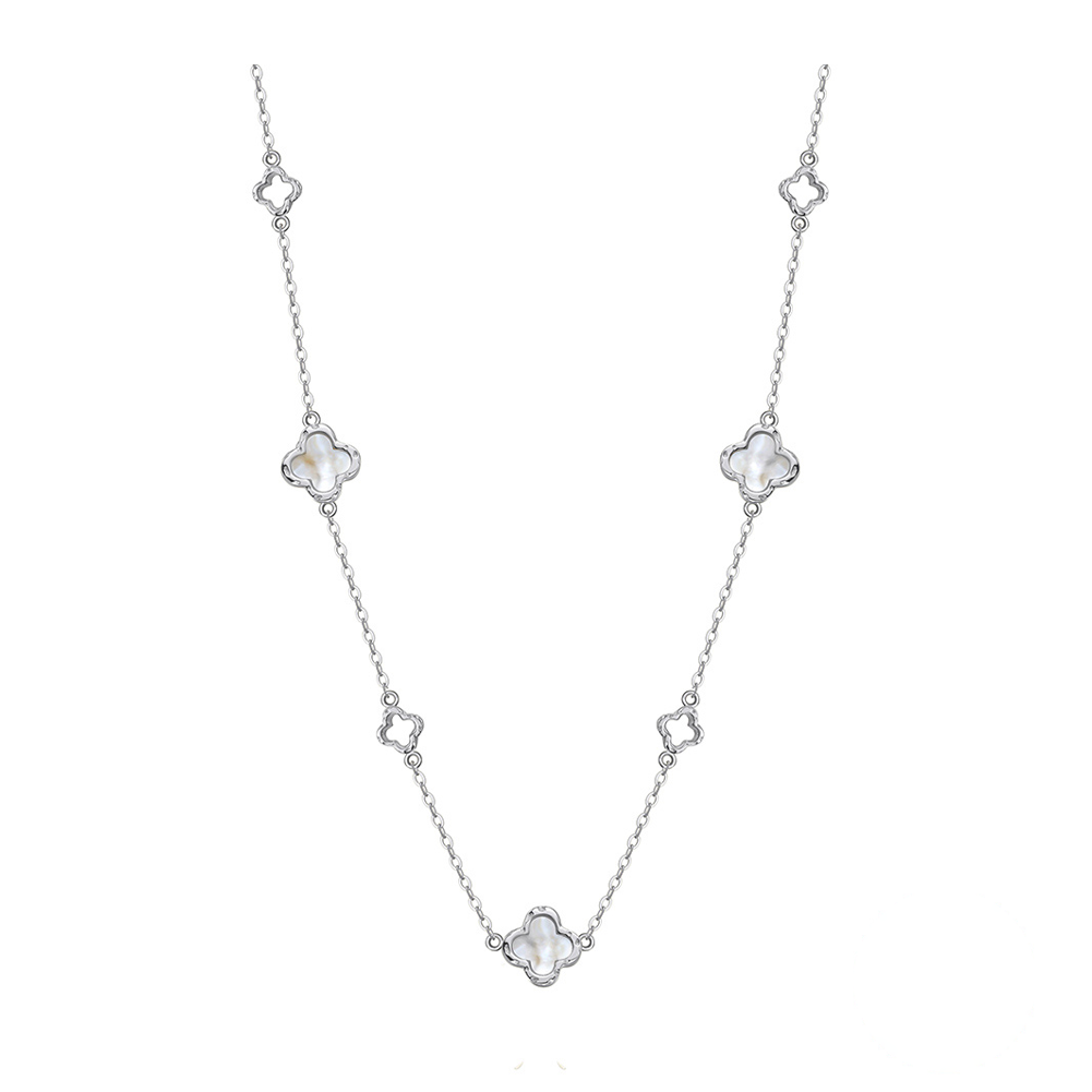 AuroraLuck – Vergoldete 925 Silberkette mit Perlmutt-Kleeblatt & Gliederelementen