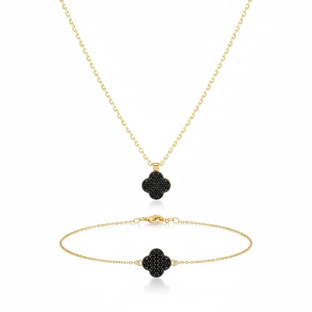 Veloura – 375 Gold Kette & Armband mit schwarzem Kleeblatt Suzan Gold
