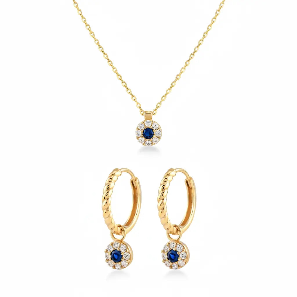 Celestia Bloom – 375 Gold Kette & Ohrringe mit blauem Zirkonia Suzan Gold