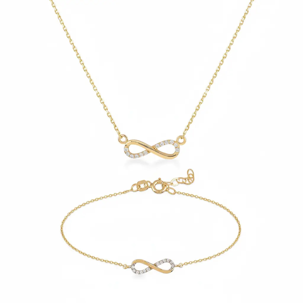 Eterna Loop Schmuckset aus 375 Gelbgold mit Zirkonia, filigrane Kette mit passendem Armband für Damen, eleganter zeitloser Schmuck.