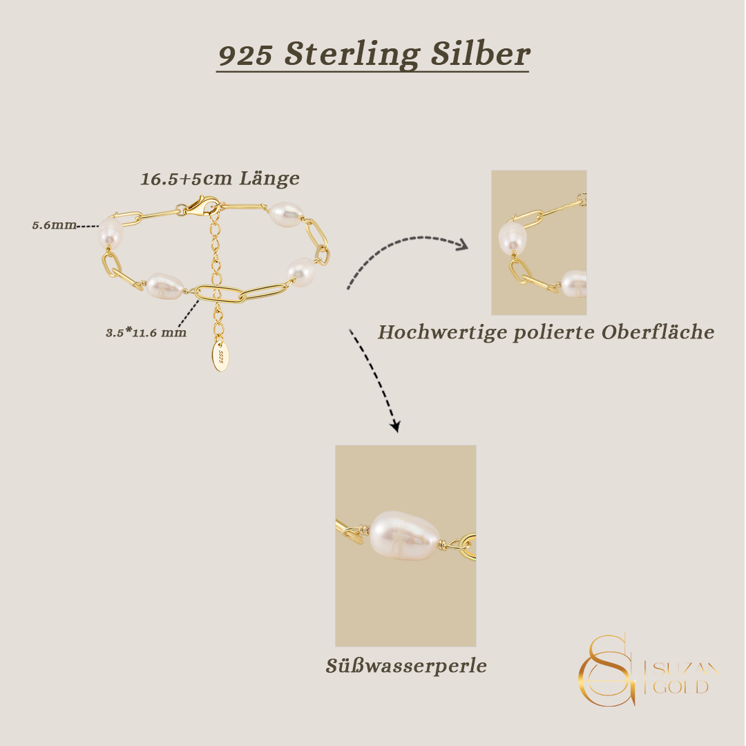 Pearlvera – 925 Silber Armband mit Süßwasserperlen & Paperclip-Gliedern
