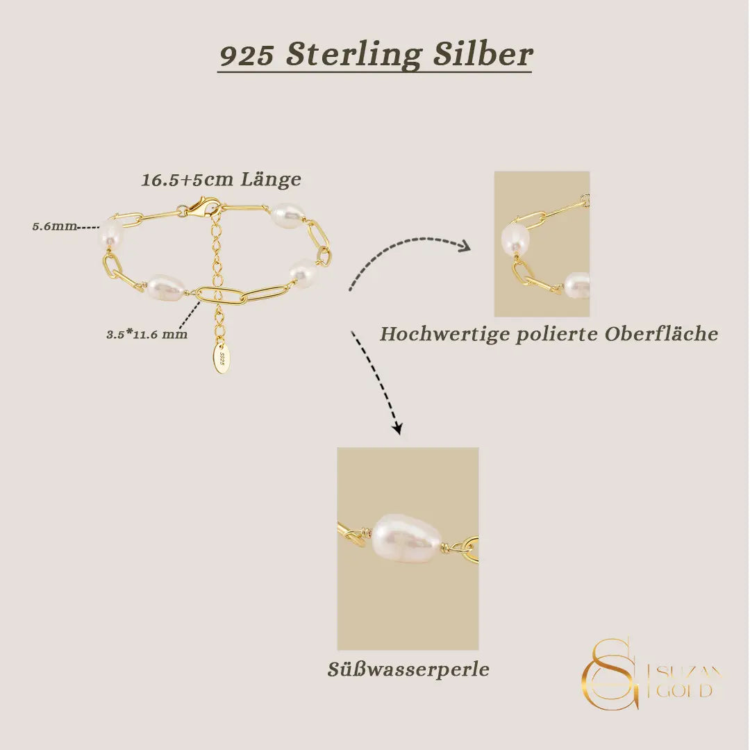 Pearlvera – 925 Silber Armband mit Süßwasserperlen & Paperclip - Gliedern - Suzan GoldArmbänder