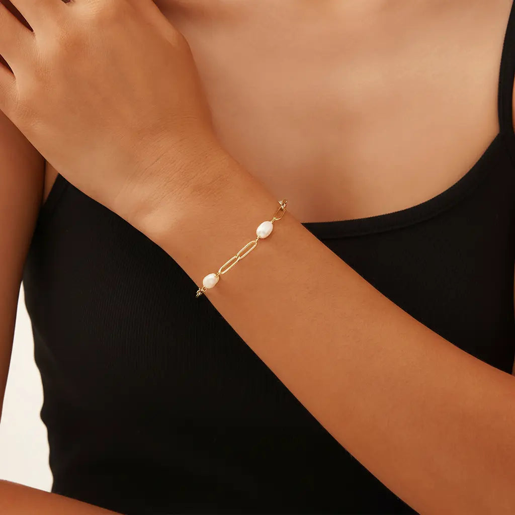 Pearlvera – 925 Silber Armband mit Süßwasserperlen & Paperclip - Gliedern - Suzan GoldArmbänder