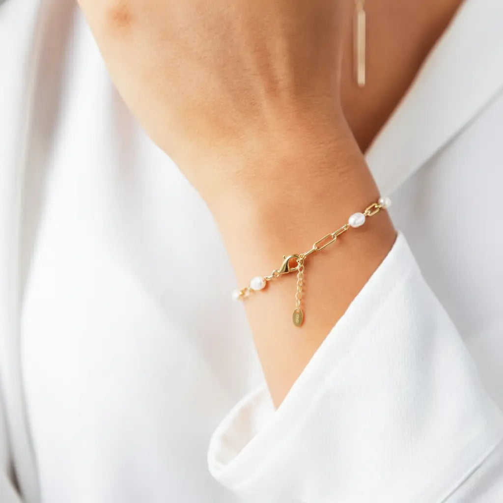 Pearlvera – 925 Silber Armband mit Süßwasserperlen & Paperclip - Gliedern - Suzan GoldArmbänder