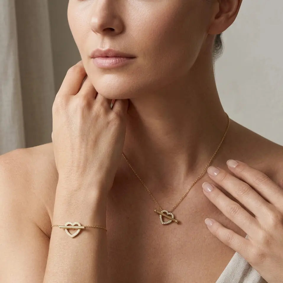 Amoré Linea – 925 Silber vergoldet Herz Stab Set Halskette Armband - Suzan Gold