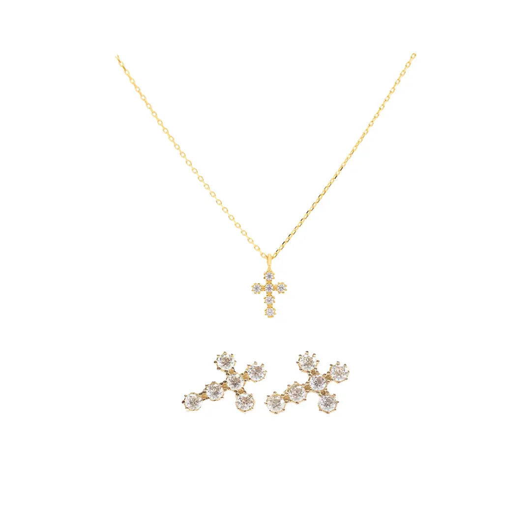 God’s Favorite – Echtgold Kreuzkette mit Zirkonia & passenden Ohrsteckern Suzan Gold