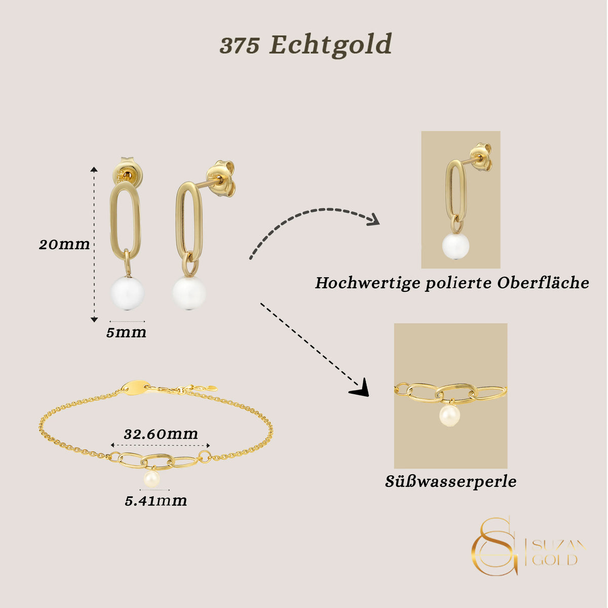 Pearl Whisper Charm – Echtgold Armband & Ohrringe mit Süßwasserperlen Suzan Gold