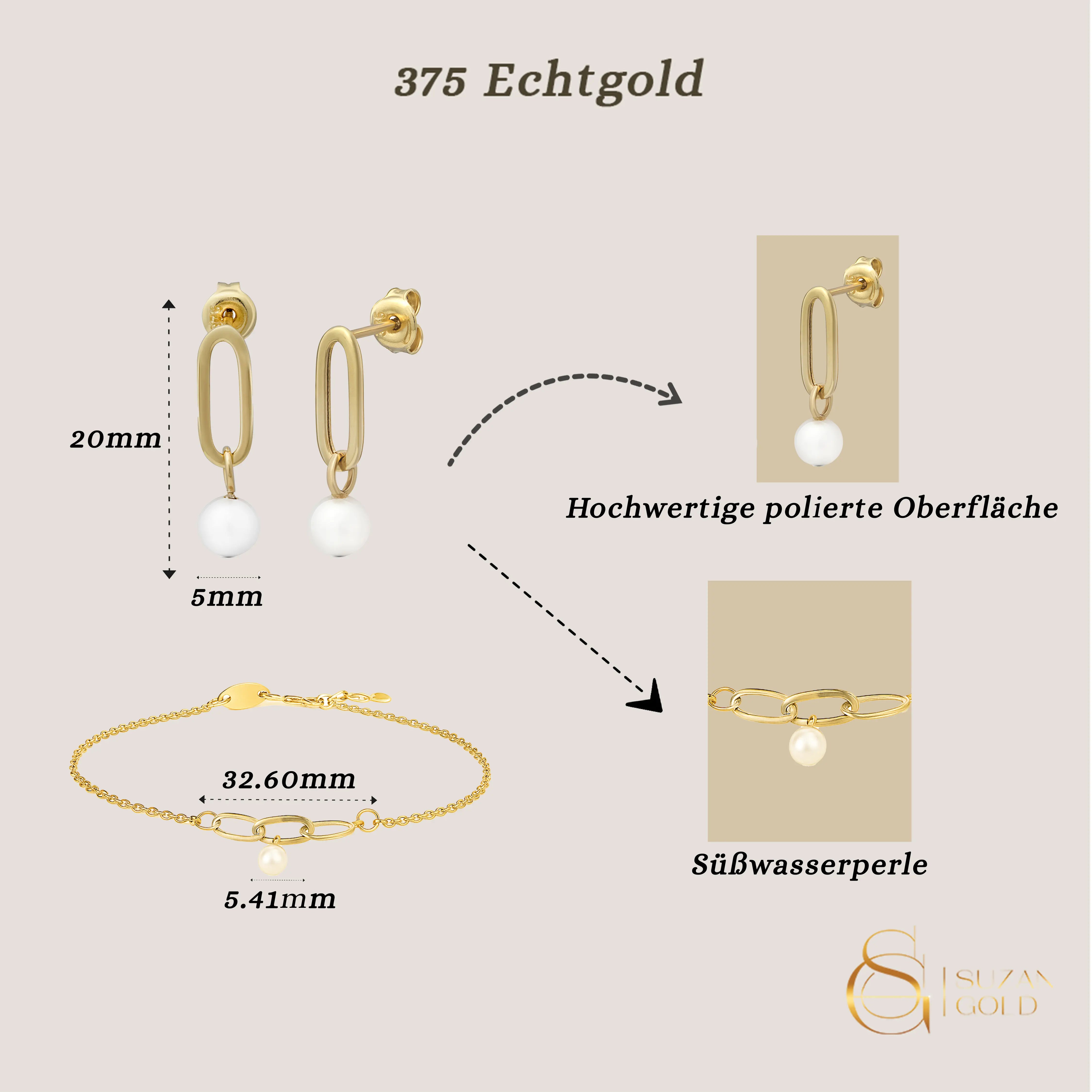 Pearl Whisper Charm – Echtgold Armband & Ohrringe mit Süßwasserperlen Suzan Gold