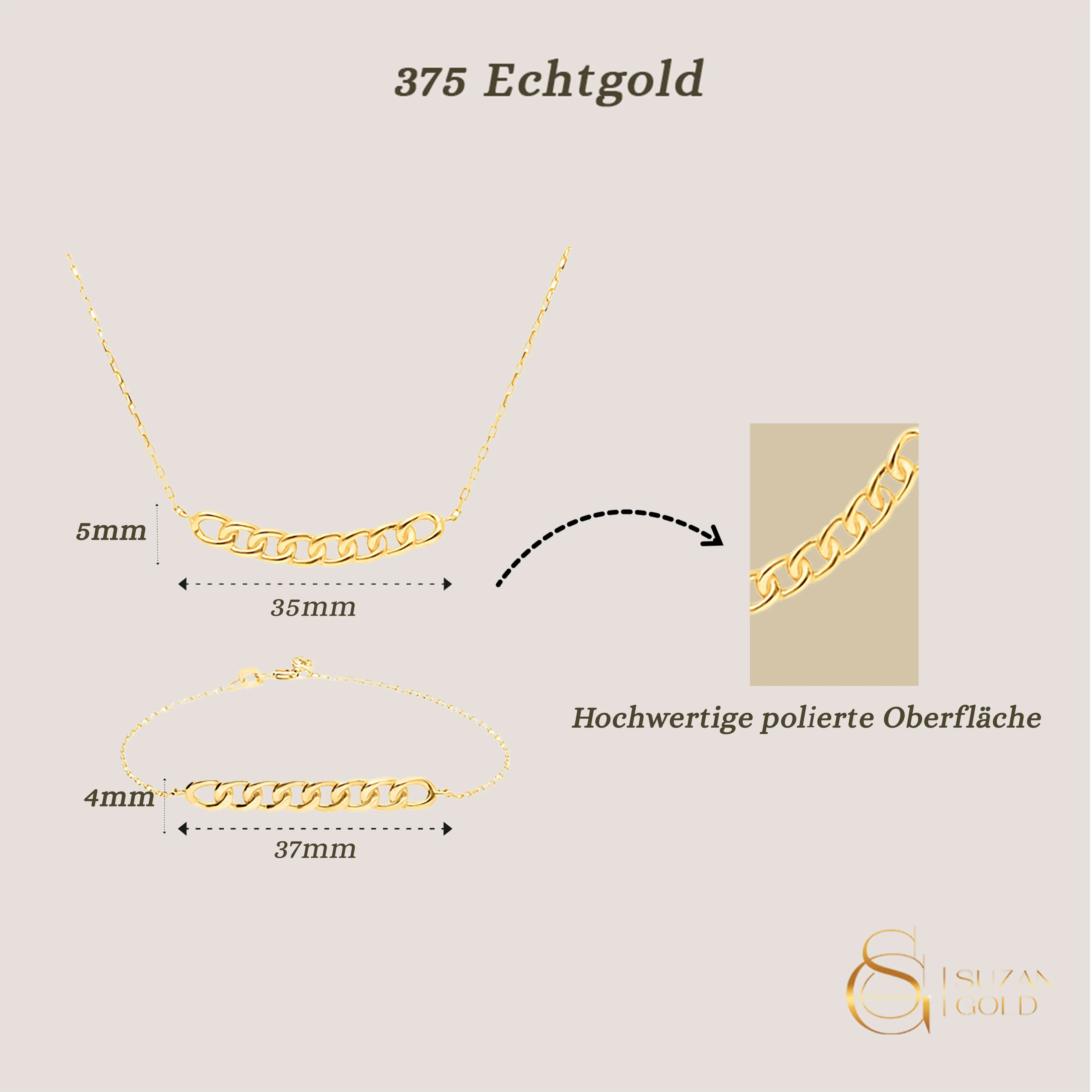 Echtgold Schmuckset Damen – Curb Kette & Armband aus 375 Gold Suzan Gold