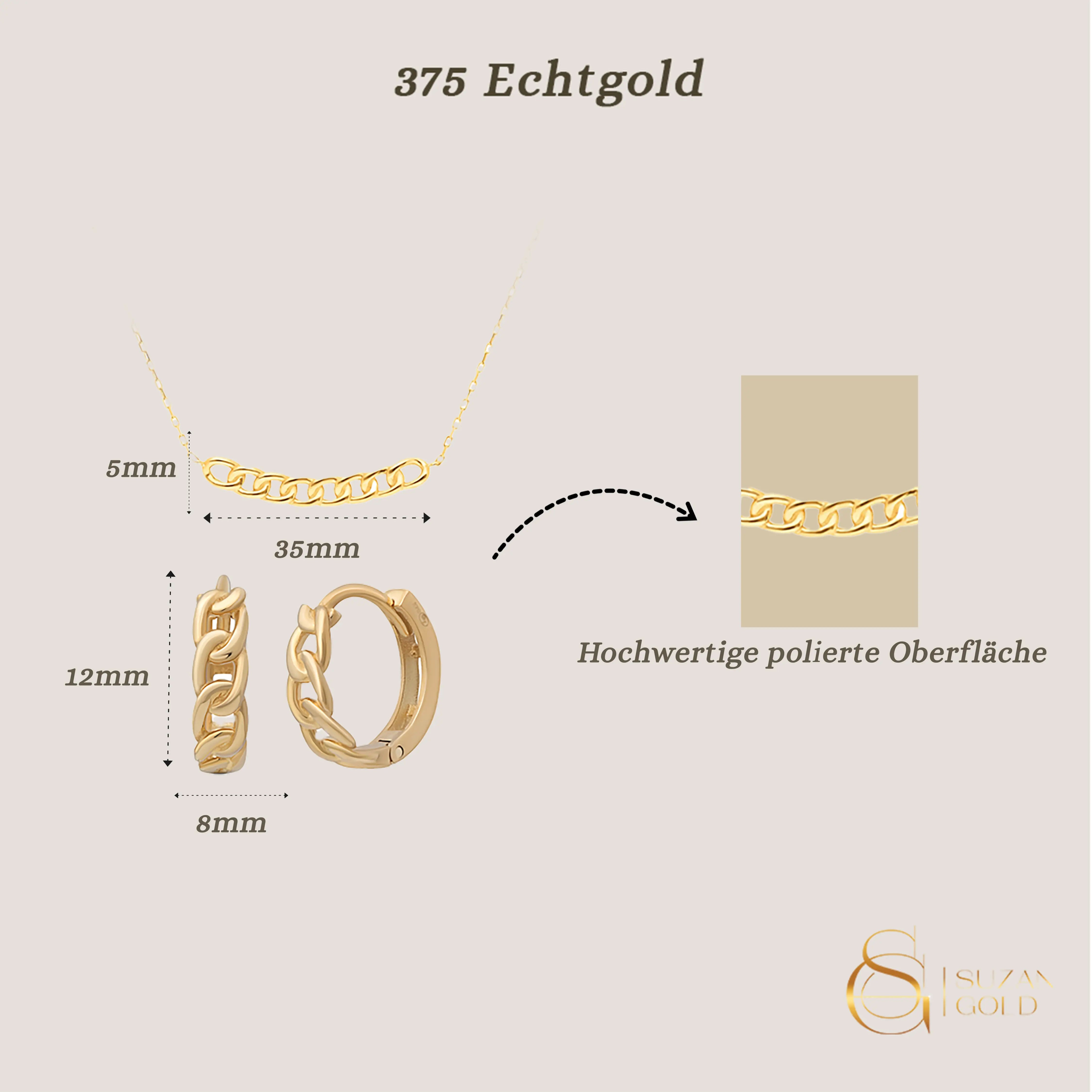 Echtgold Schmuckset Damen – Curb Kette & Creolen aus 375 Gold Suzan Gold
