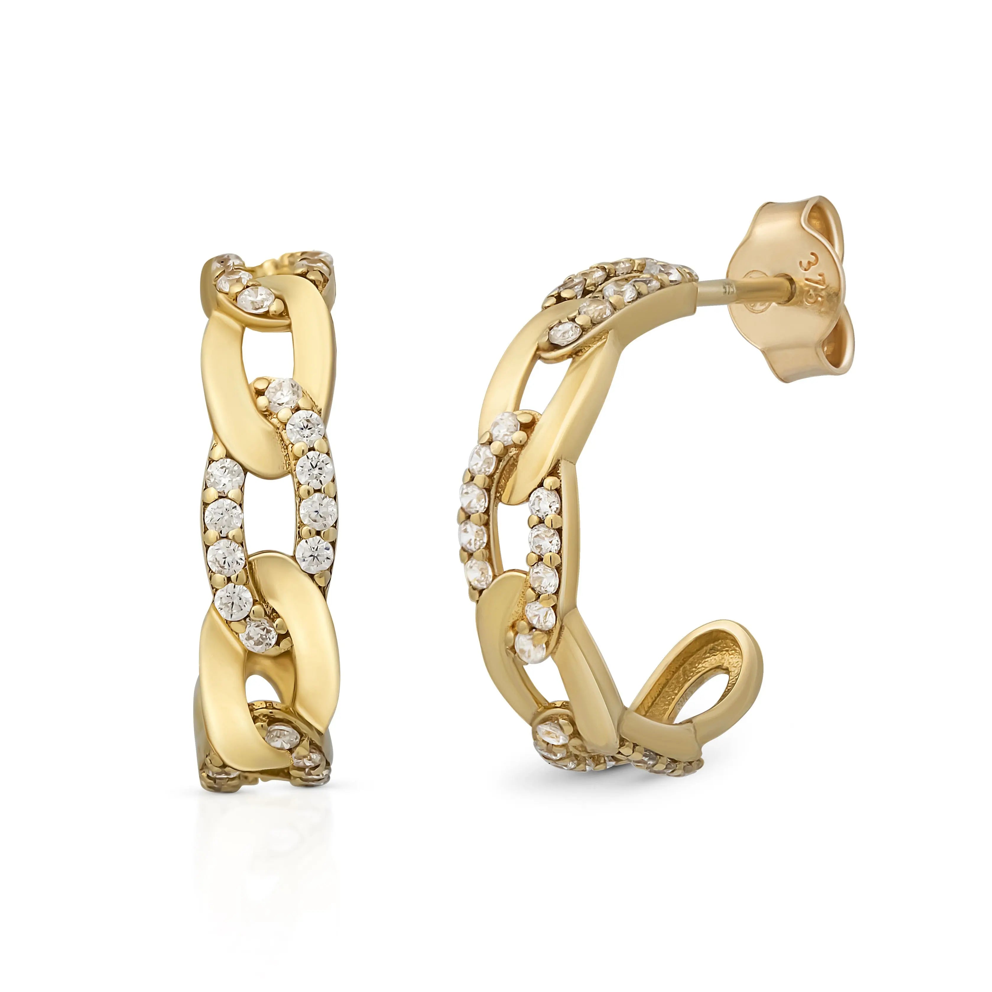 Studded Curb Creolen 375 Echtgold elegante Chain Hoop Ohrringe mit Zirkonia luxuriöse Glieder Creolen statement Goldschmuck moderne Huggie Earrings edgy chic jewelry Geschenk für sie