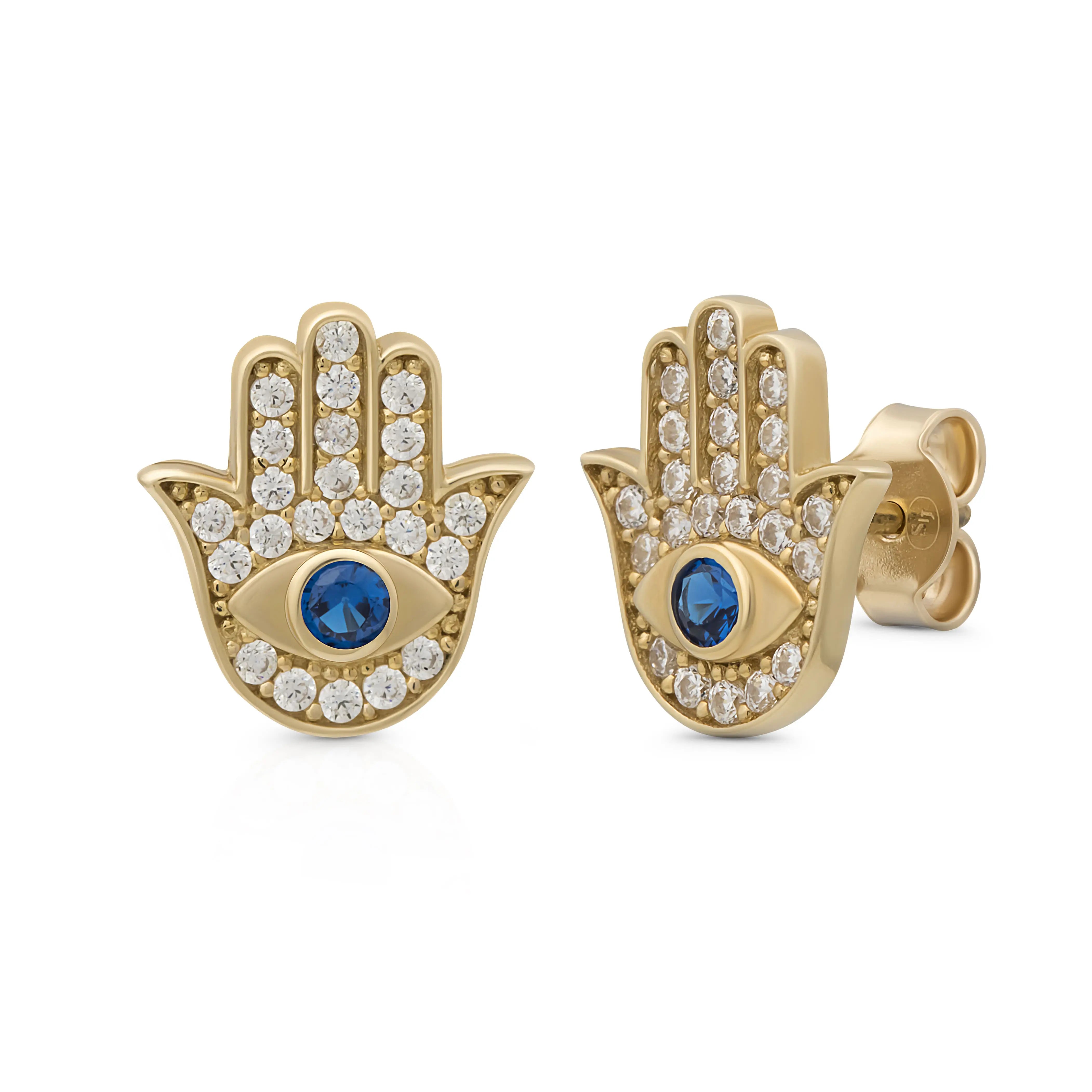 Fatimas Hand Blue Stecker 375 Echtgold funkelnde Hamsa Ohrstecker mit blauem Evil Eye zarter Goldschmuck Schutzsymbol Geschenk für sie Boho Jewelry lucky charm earrings