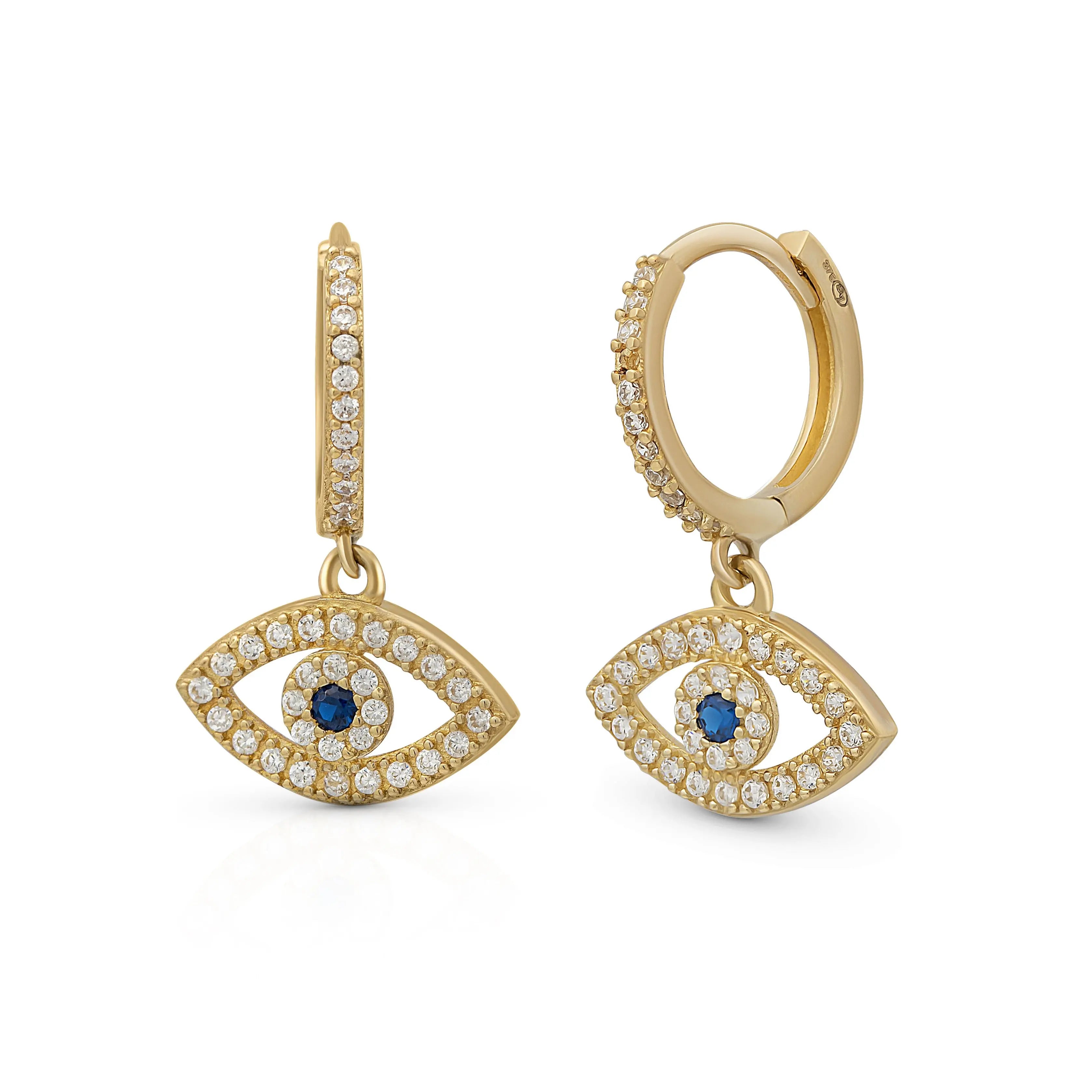 Evil Eye Creolen 375 Echtgold funkelnde Evil Eye Ohrringe mit blauem Stein eleganter Goldschmuck Schutzsymbol Hoop Earrings lucky charm Geschenk für sie