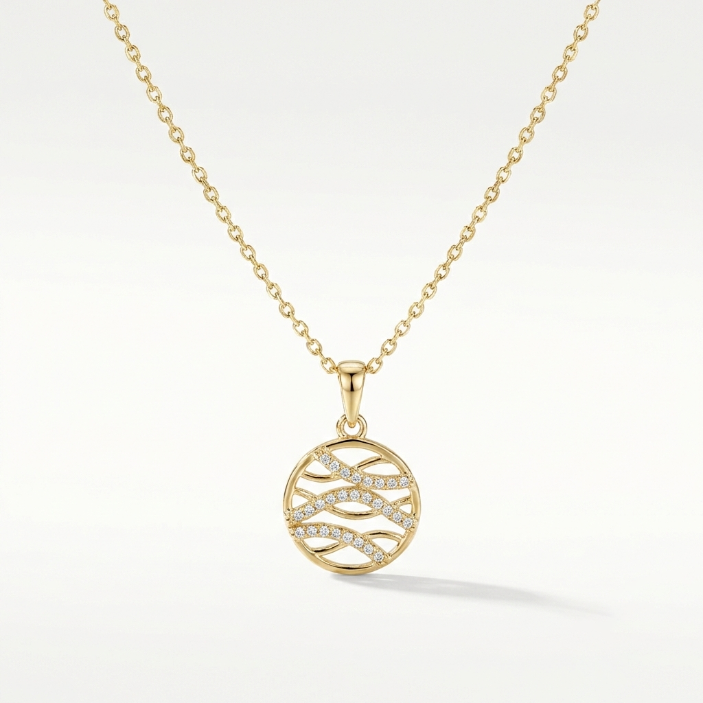 Veliora Weave – 375 Echtgold Halskette mit rundem Zirkonia-Ornament