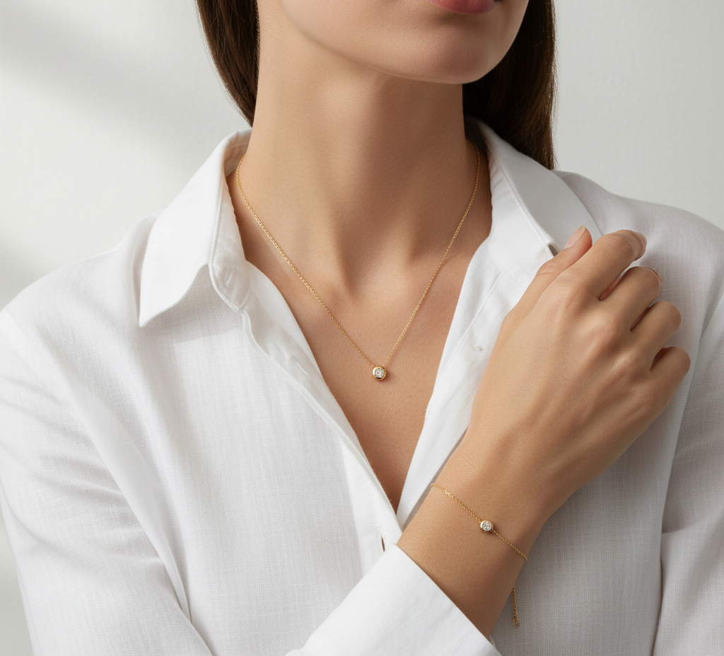 Lunara Gleam – 375 Gold Kette & Armband mit Solitär-Zirkonia