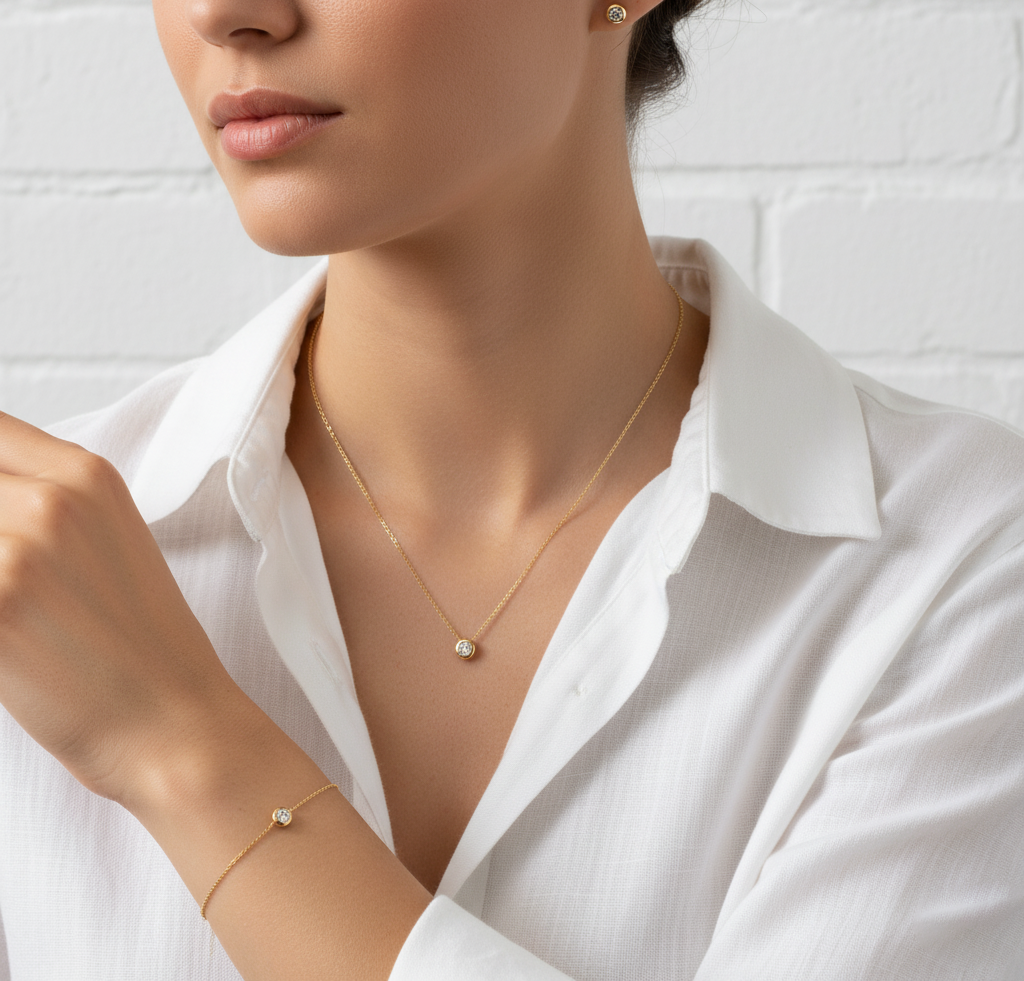 Lunara Gleam – 375 Gold Kette & Armband mit Solitär-Zirkonia