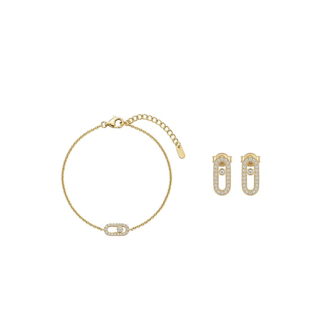 Linkelle Trio – Vergoldetes 925 Silber Set mit Zirkonia-Glied Armband und passenden Ohrsteckern.