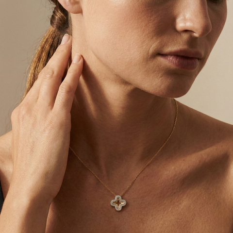 Veloria Clover – 375 Echtgold Halskette mit Kleeblatt Zirkonia Anhänger