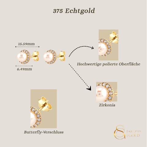 Pearlora – 375er Echtgold-Perlenohrstecker mit Zirkonia-Fassung