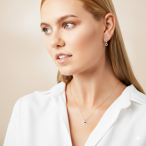 Celestia Bloom – 375 Gold Kette & Ohrringe mit blauem Zirkonia