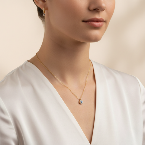 Celestia Bloom – 375 Gold Kette & Ohrringe mit blauem Zirkonia