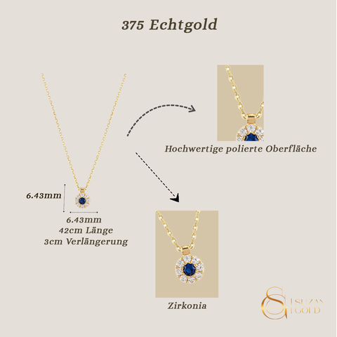 Celestia Glow – 375er Goldkette mit Zirkonia und blauem Mittelstein