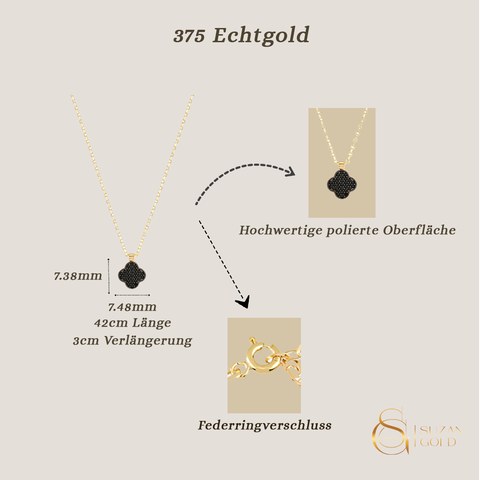Noirleaf – 375er Echtgoldkette mit schwarzem Kleeblatt-Anhänger