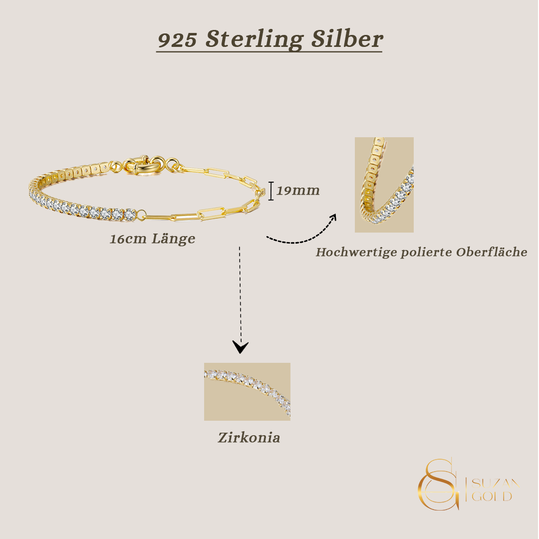 Lumispark – 925 Silber Tennisarmband mit Zirkonia & Paperclip-Kette, elegant & modern