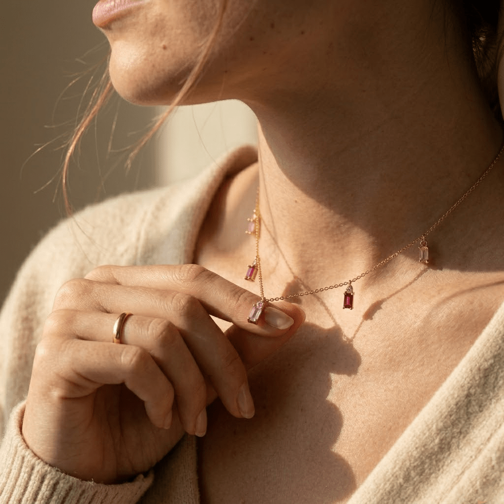 Halskette Pinke Steine 925 Sterling Silber – Damen Kette - Suzan Gold