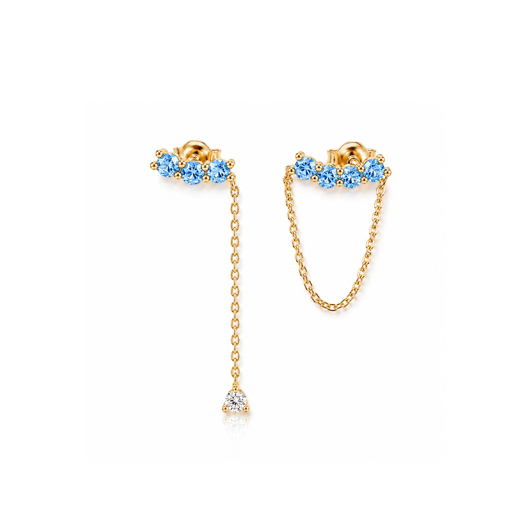 Ohrringe mit Kette 925 Sterling Silber aus 925 Sterling Silber vergoldet mit blauen Steinen, filigraner Schmuck für Damen, eleganter zeitloser Klassiker.
