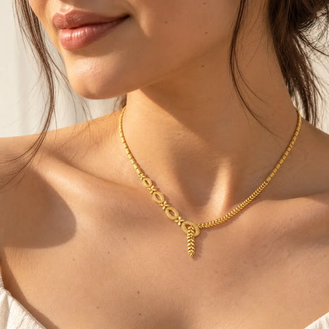 Wheat Oval – Y-necklace with filigree ovals and wheat chain in 750 gold Suzan Gold