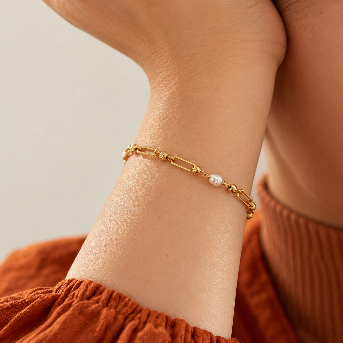 Pearl Link – Gliederarmband mit diamantierten Kugeln und Perle aus 585 Gold